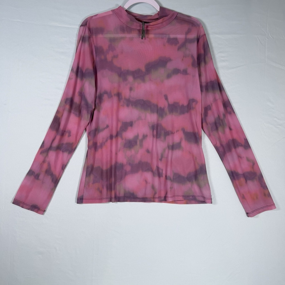 By Anthropologie Size-XL Women Tie-Dye Mesh Turtleneck Top Pink Purple